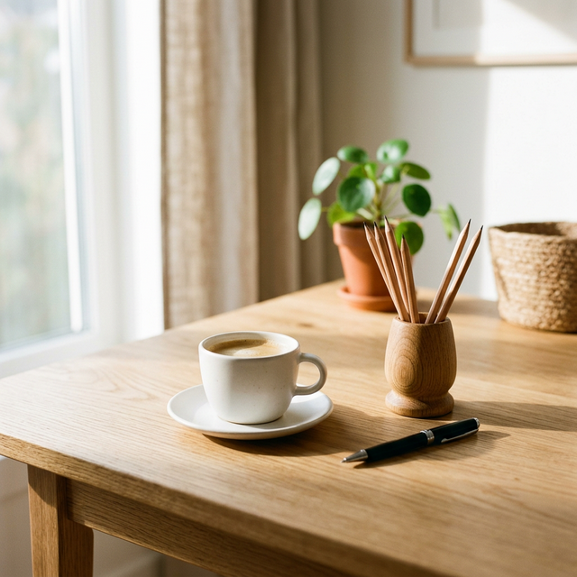 Minimalist wooden desk with coffee and pencils