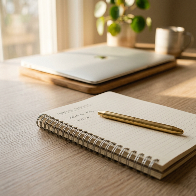 Serene desk with notebook and laptop